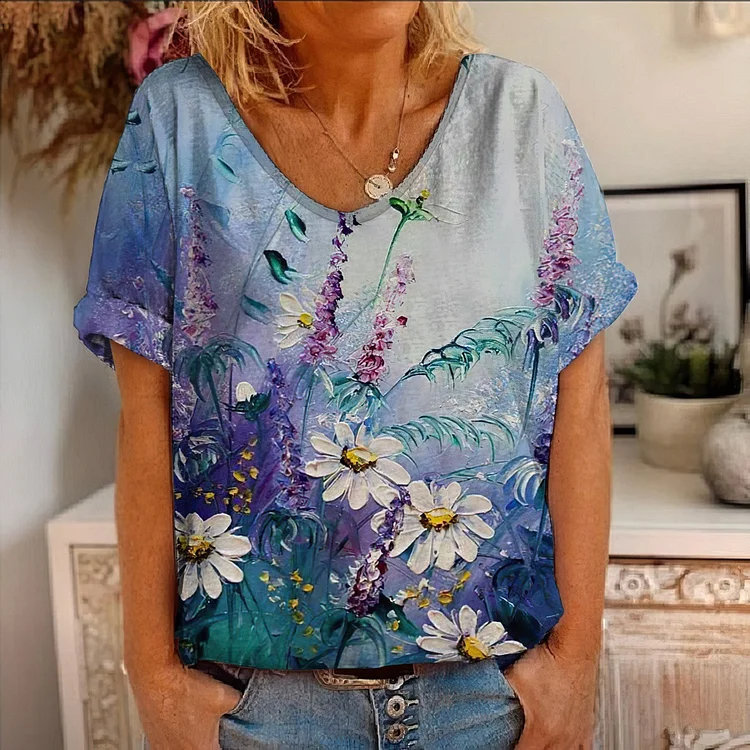Casual Loose Oil Painting Print T-Shirt