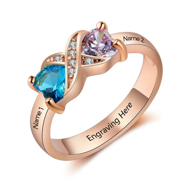 Infinity Promise Ring Personalized with 2 Birthstones Engraved 2 Names in Rose Gold Color
