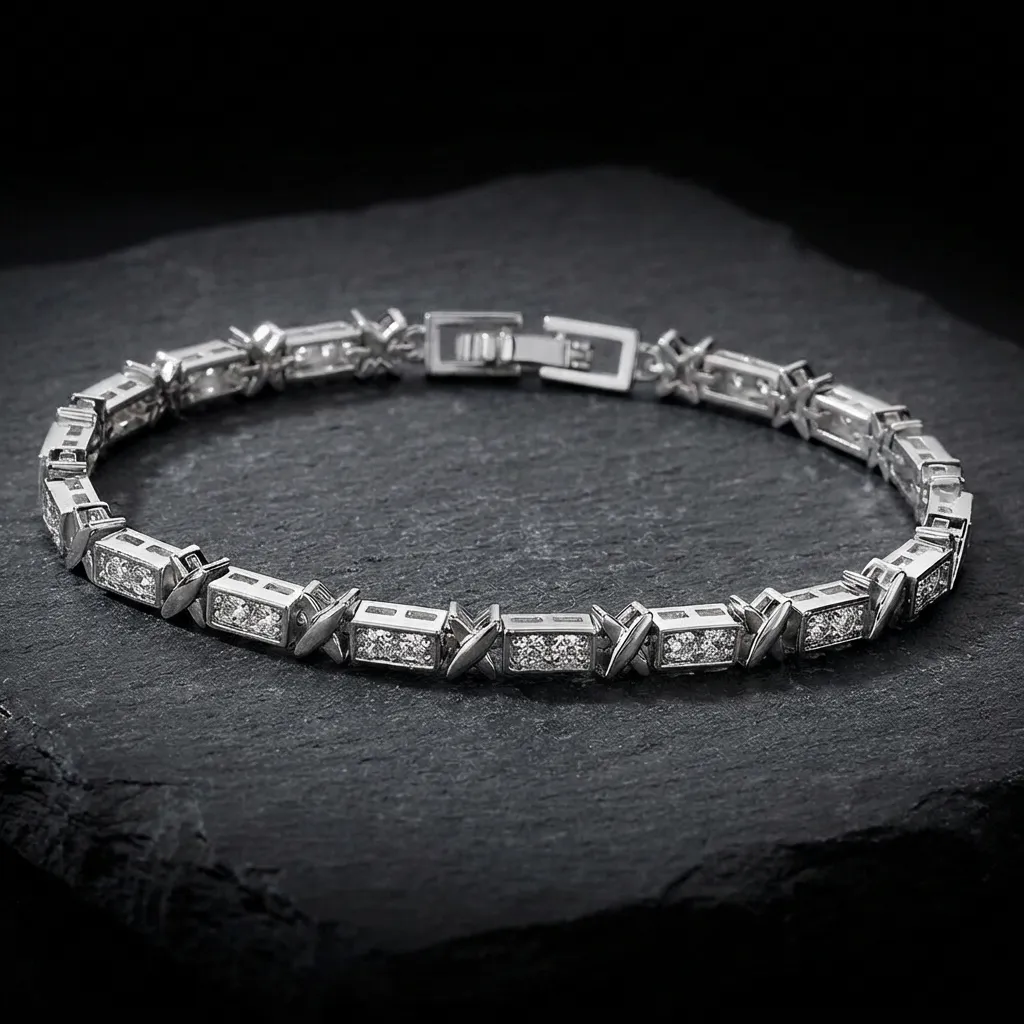 JiStones Luminous X-Cross Zirconia Tennis Bracelet Platinum Silver Finish