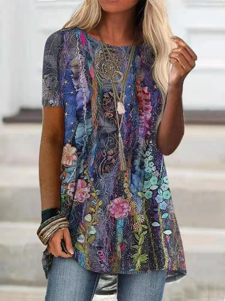 Floral Fiber Art A Line T Shirt