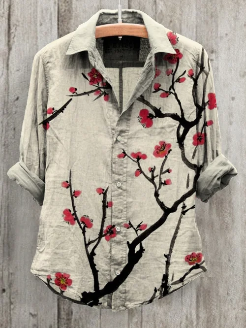 Women's Retro Plum Blossom Art Print Long Sleeve Cotton And Linen Shirt