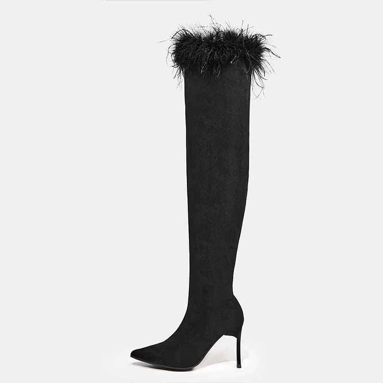 Black Vegan Suede Pointed Toe Stilettos Faux Fur Thigh High Boots |FSJ Shoes