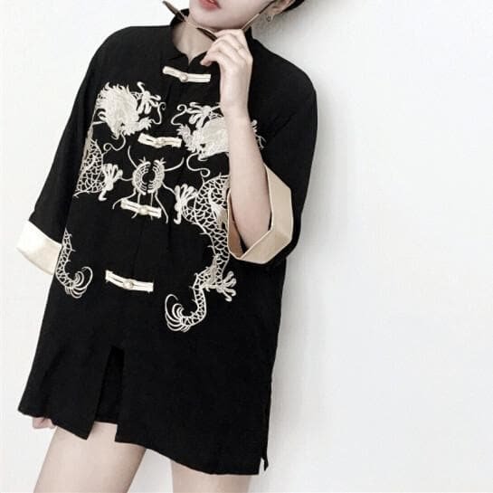 Black/White Retro Dragon Tang Suit Shirt SP13718