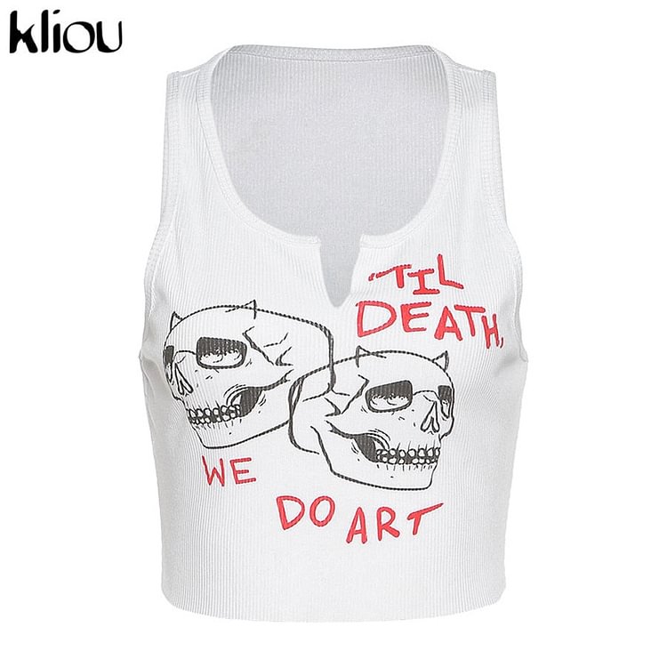 Kliou Aesthetic Graphic Cyber Y2k Streetwear Women Chic Sleeveless Activity Tank Tops Harajuku Skinny Crop Tops Camisole - BlackFridayBuys