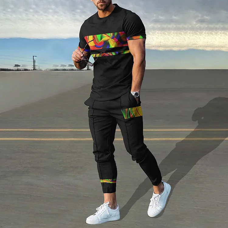 Color Art Stripes Print T-Shirt And Pants Co-Ord