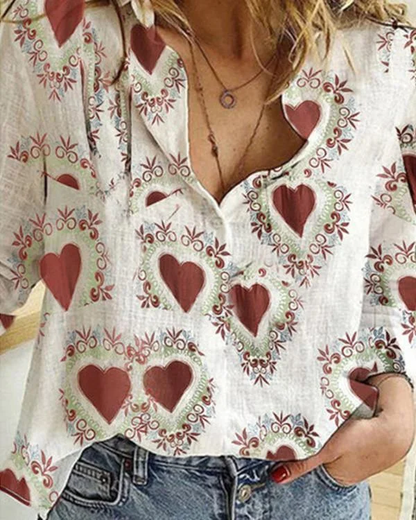 Heart Printed A Lapel Long Sleeve Blouse