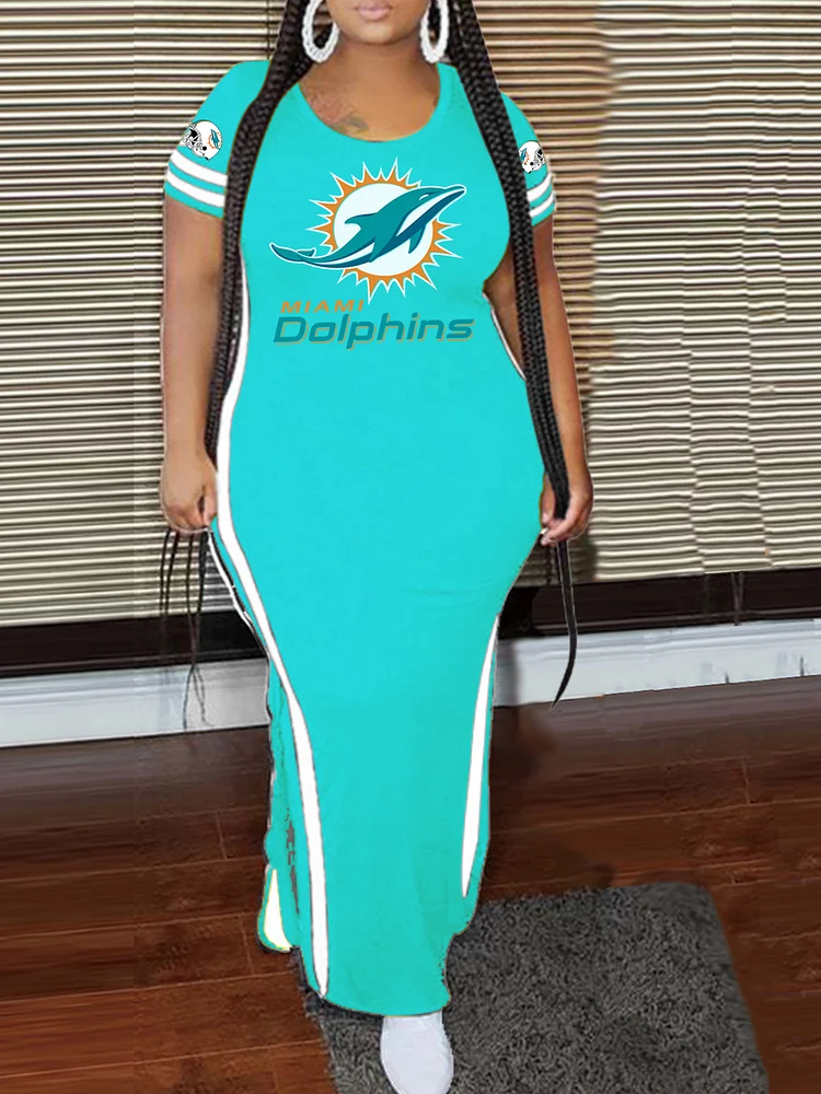Miami Dolphins Crew Neck Short Sleeve Striped Colorblock Dress