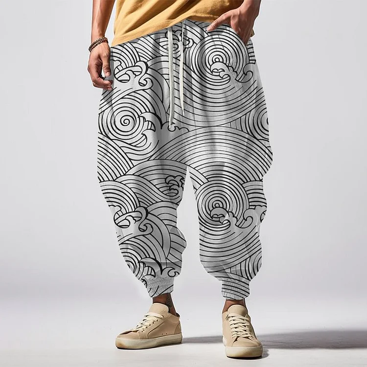 Comstylish Vintage Wave Pattern All Over Japanese Art Print Pattern Casual Loose Drawstring Waist Sweatpants