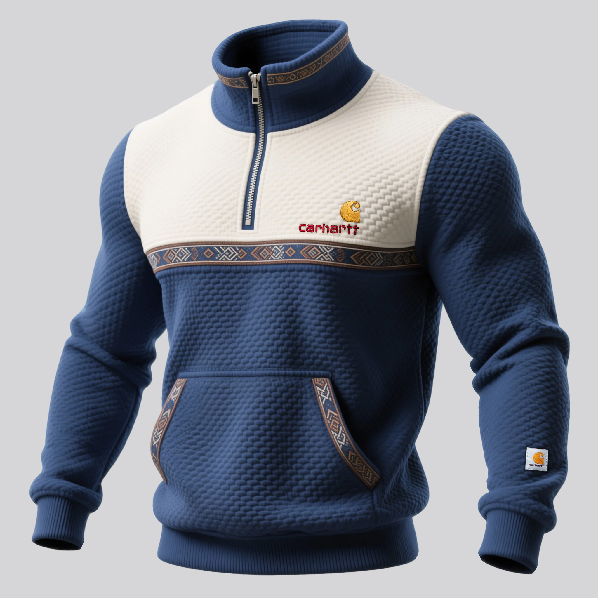 Men's Retro Waffle Color Block Splice Half-Zip Stand Collar Sweatshirt