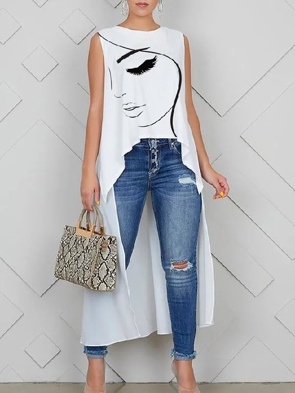High-Low Sleeveless Figure Printed Round-Neck Vest Top