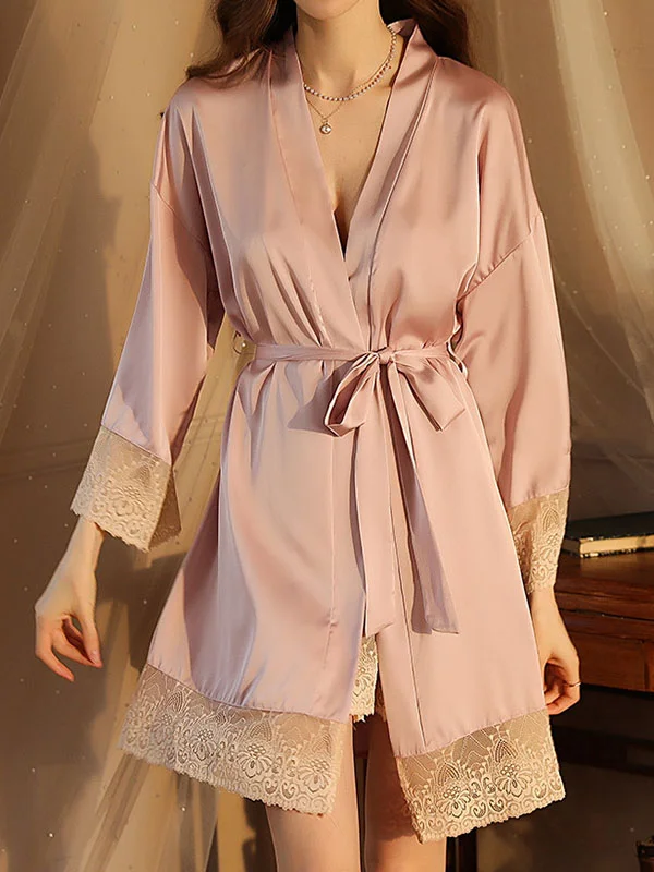Long Sleeves Loose Comfortable Smooth Split-Joint Deep V-Neck Robes