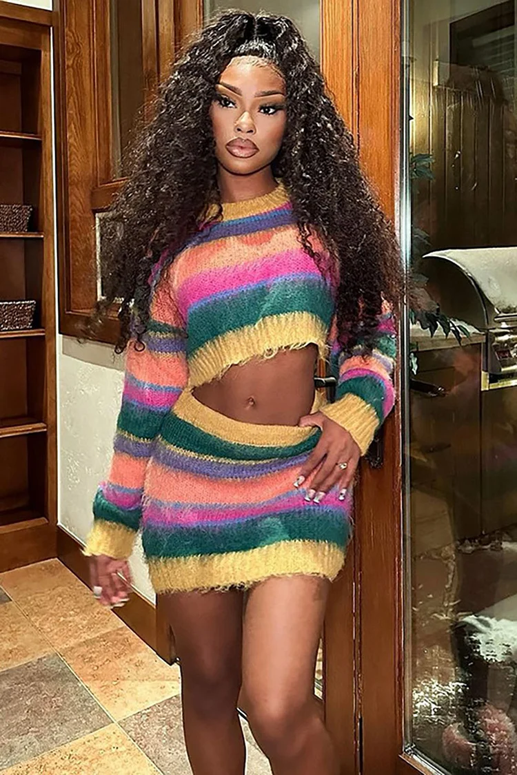 Multicolored Knit Striped Long Sleeve Crop Top Bodycon Mini Skirt Matching Set