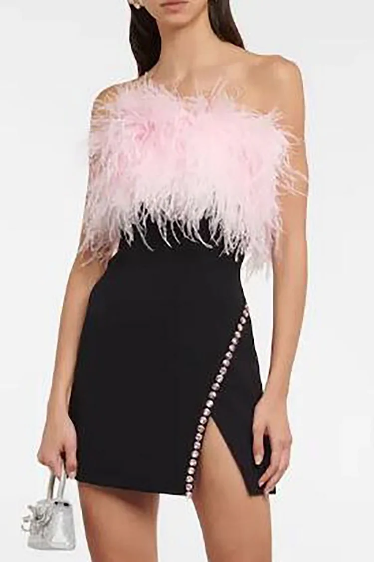 Feather Strapless Slim Fit Rhinestone Trim Slit Cocktail Party Mini Dresses-Black