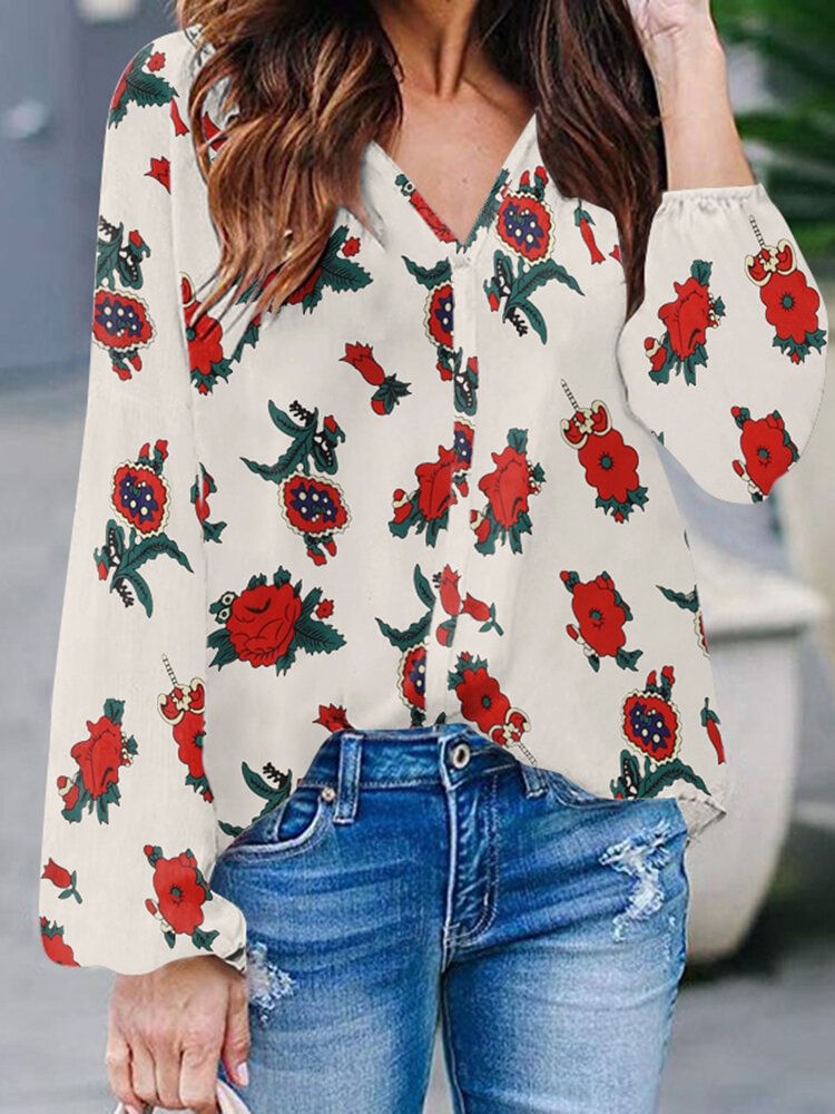 Flower Print Long Sleeve V Neck Casual Blouse