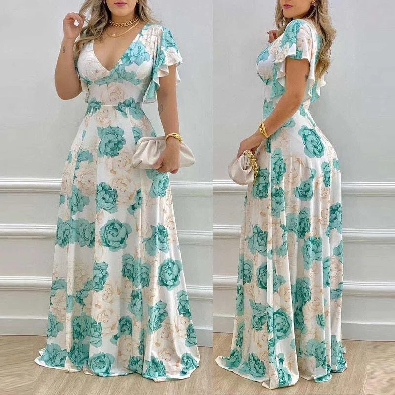 abebey Women Elegant Chiffon Deep V-neck Floral Pattern Butterfly Sleeves Maxi White Vacation Dresses
