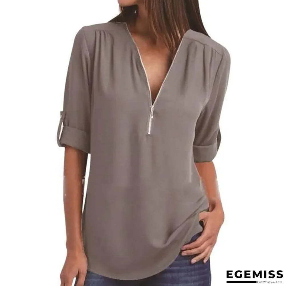 Zipper Short Sleeve Women Shirts Sexy V Neck Solid Casual Tee Shirts Tops Blouses Plus Size | EGEMISS