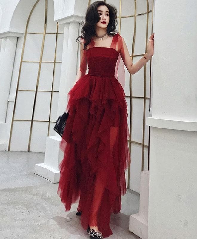 Burgundy Sweetheart Tulle Long Prom Dress, Burgundy Evening Dress