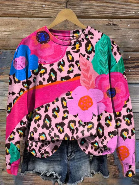 Pink Leopard Flower Art Print Round Neck Long Sleeve Sweatshirt socialshop
