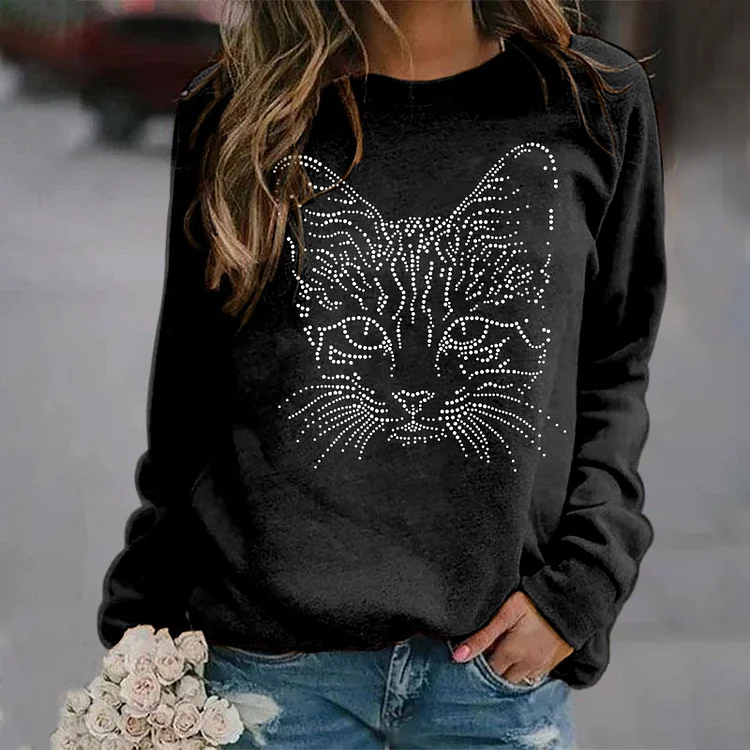 Vefave Cat Print Casual Long Sleeve Sweatshirt