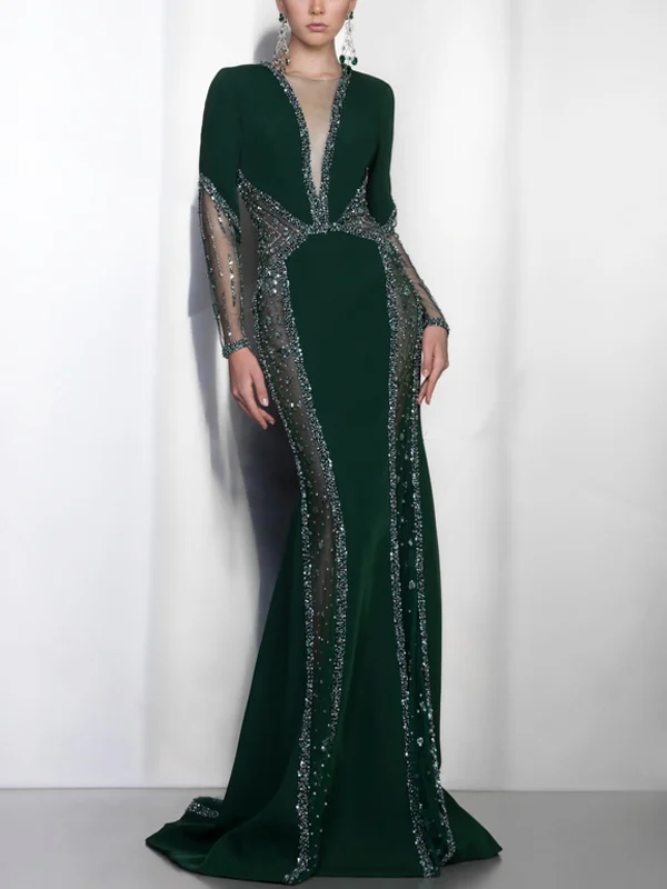 Round Neck Long Sleeve Mesh Sequins Solid Color Maxi Dress