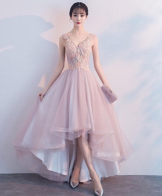 Cute V Neck Light Pink Tulle Lace Prom Dress, Tulle Evening Dress