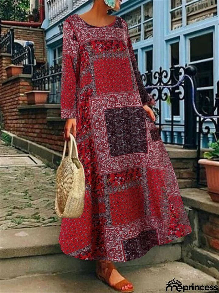 Bohemian Artsy Print Cotton Linen Long Sleeve Maxi Dress For Women
