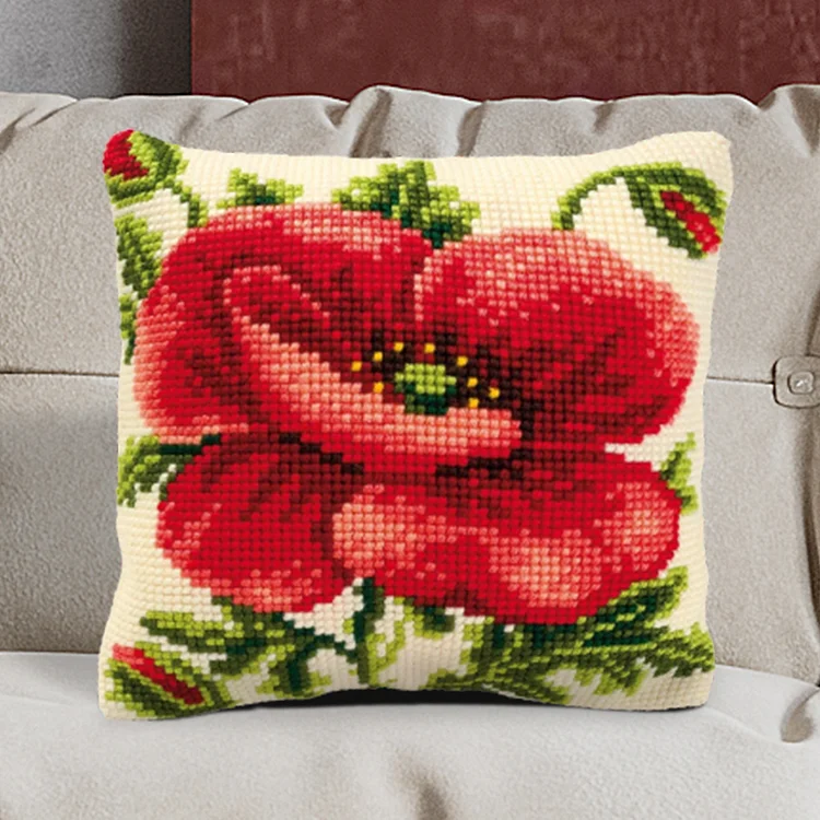 Blooming Poppy Pillowcase Latch Hook Kits for Adult, Beginner and Kid veirousa