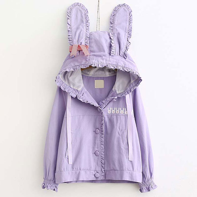 Pure Color Lace Cartoon Rabbit Ears Hooded Coat