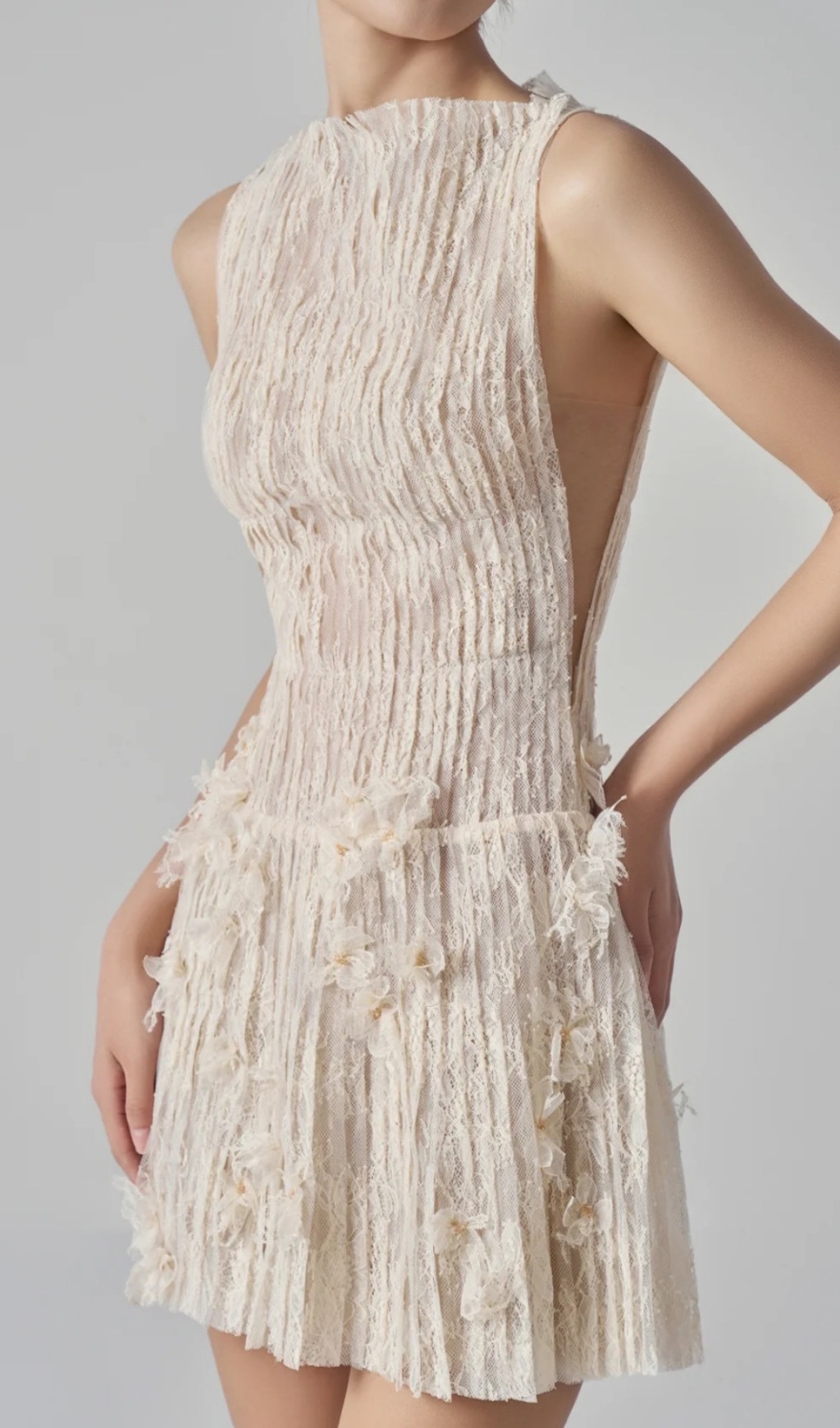 chinese dress ladies Cream Floral Lace Puff Sleeve Ruffle Hem Mini Dress