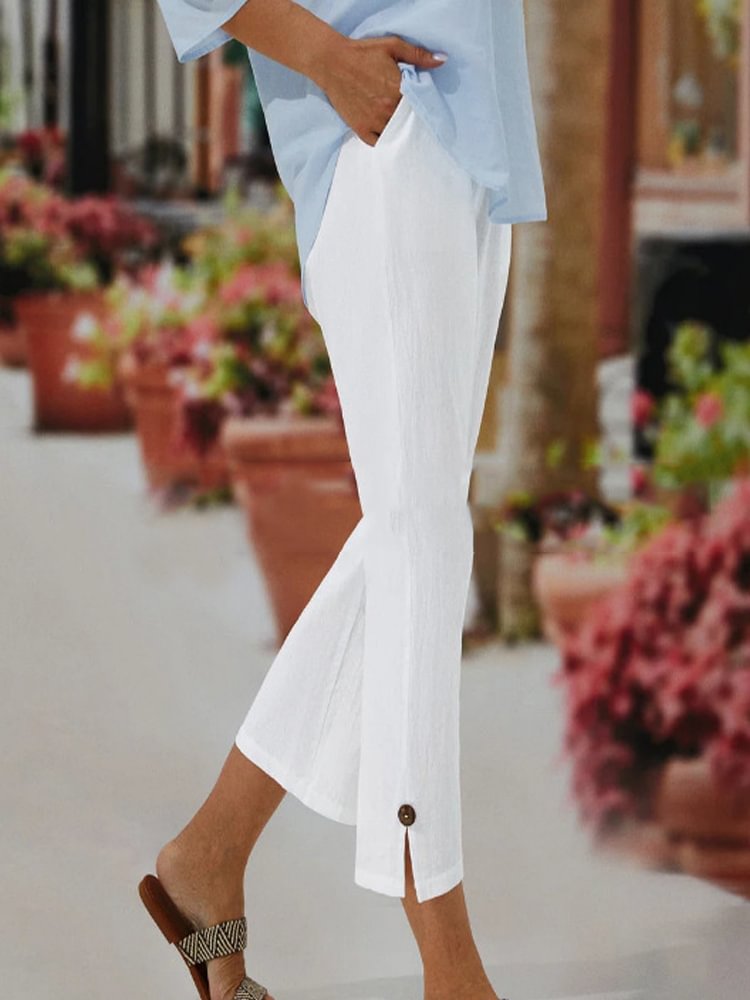 Comstylish Solid Color Button Pocket Casual Pants
