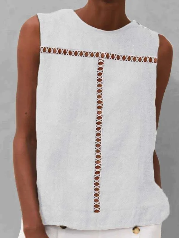 Hollow Fashion Cotton Linen Casual Sleeveless Shirt Tops
