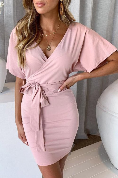 Solid V-neck Belted Wrap Dress - Life is Beautiful for You - SheChoic