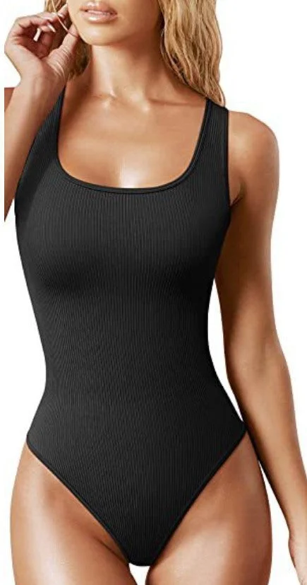 Women's Solid Color Ribbed Low Neck Sleeveless Body Shaping Bodysuit