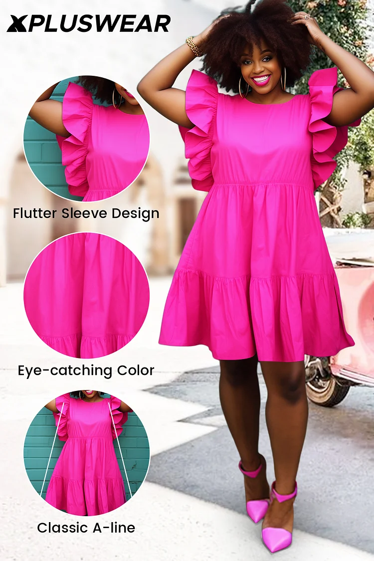 Xpluswear Design Plus Size Vacation Hot Pink Round Neck Flutter Sleeve