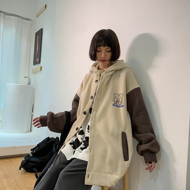 Harajuku Oversized Sweatshirt Streetwear Women Print Letter Zip Up Hoodies Student Plus Size Korean Outwear Chic Bear Loose Tops - BlackFridayBuys