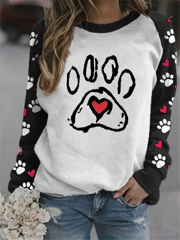 VChics Women's Dog Footprint Heart Print Sweatshirt