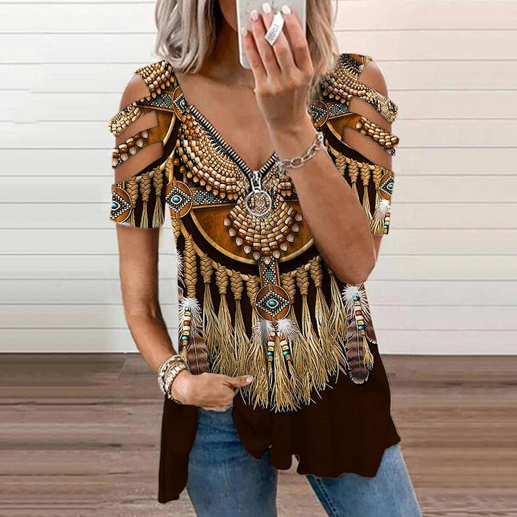 VChics Vintage Western Print Cutout Sleeve Casual T-Shirt