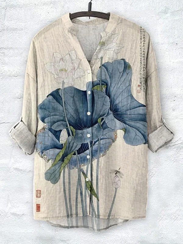 Women's Casual Lotus Leaf Floral Art Print V Neck Cotton And Linen Shirt