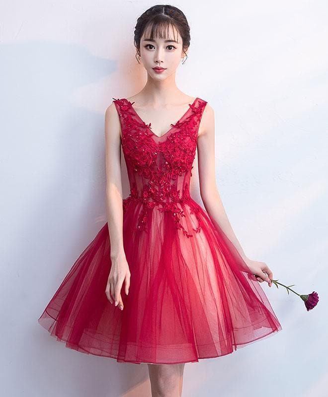Burgundy V Neck Tulle Lace Short Prom Dress, Burgundy Homecoming Dress