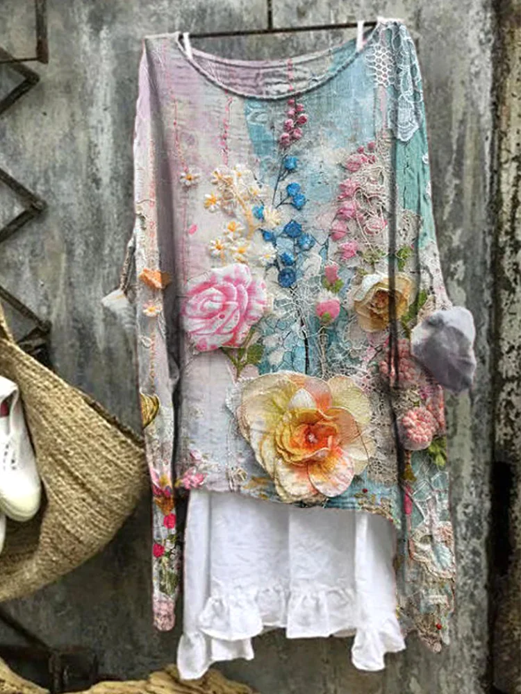 Vintage Floral Lace Embroidery Linen Blend Shirt