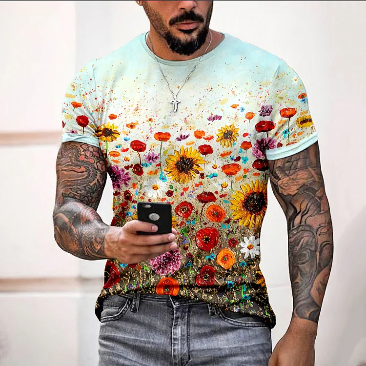 Fashion Polka Dot Sunflower Print Print Short Sleeve T-Shirt