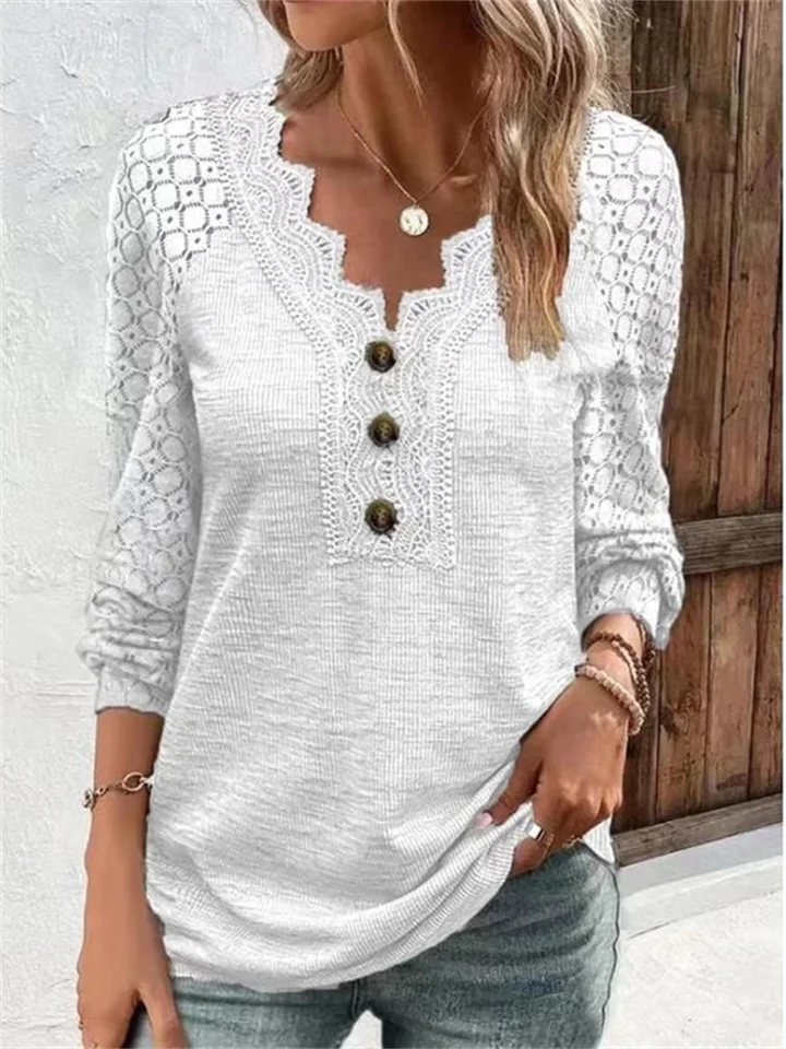 Women's Solid Color Comfortable Casual Lace Plug Sleeve Long Sleeve Splicing V-Neck Pullover Top Ladies T-Shirt