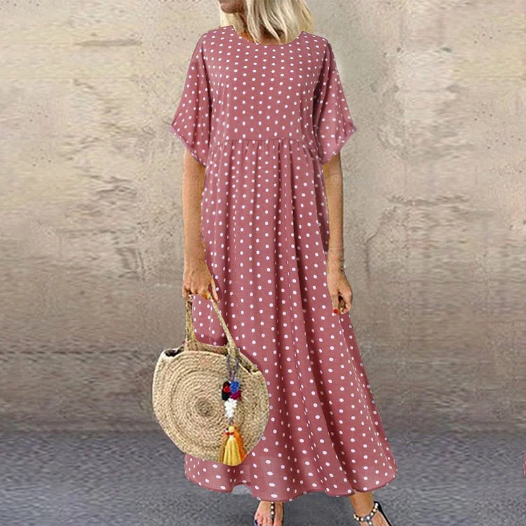 Summer New round Neck Short Sleeve Polka Dot Long Dress VangoghDress