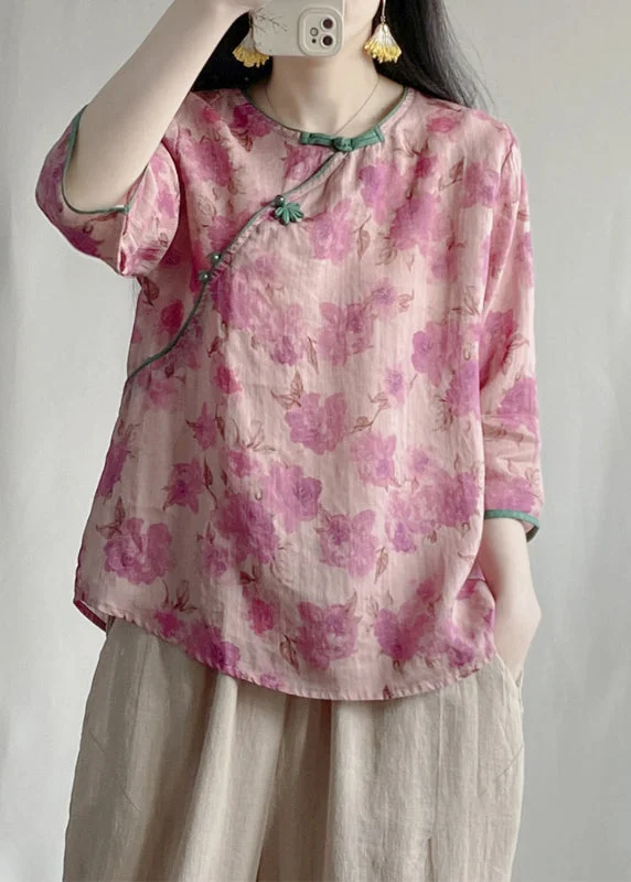 Vintage Pink Print Linen Oriental Blouses Bracelet Sleeve