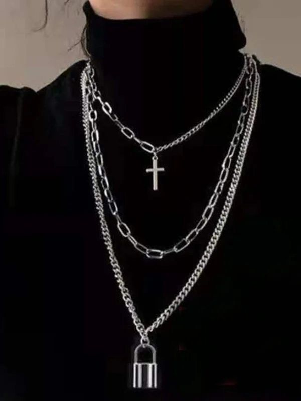 Gothic Dark Punk Style Street Silver Layered Necklace with Cross and Lock Pendants