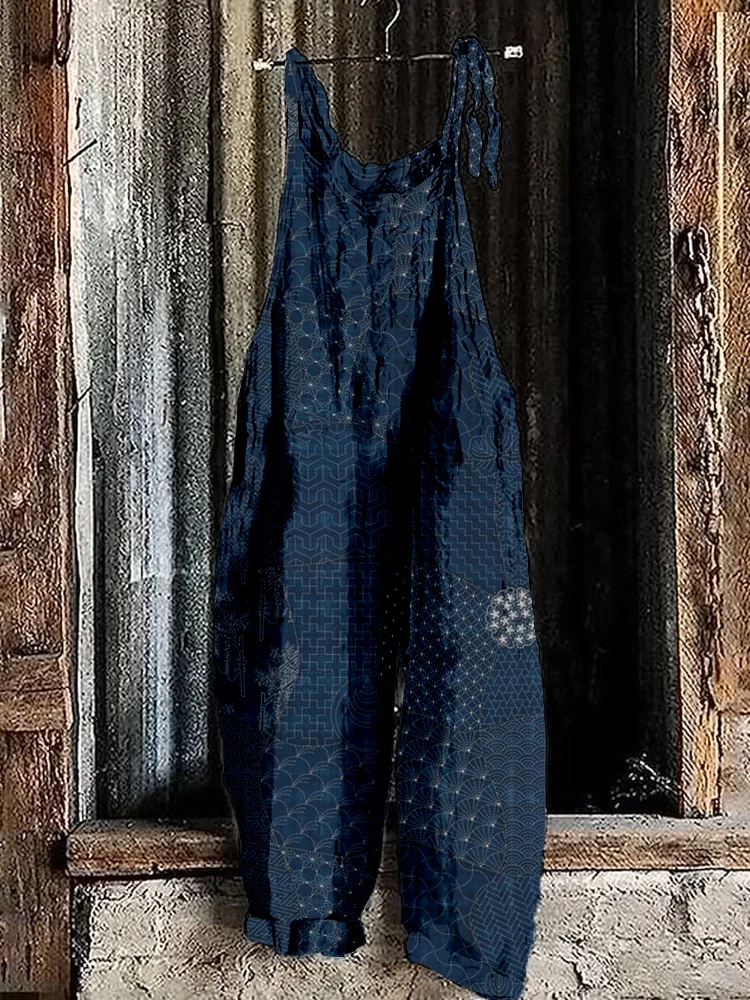 Comstylish Japanese Traditional Sashiko Art Linen Blend Jumpsuit
