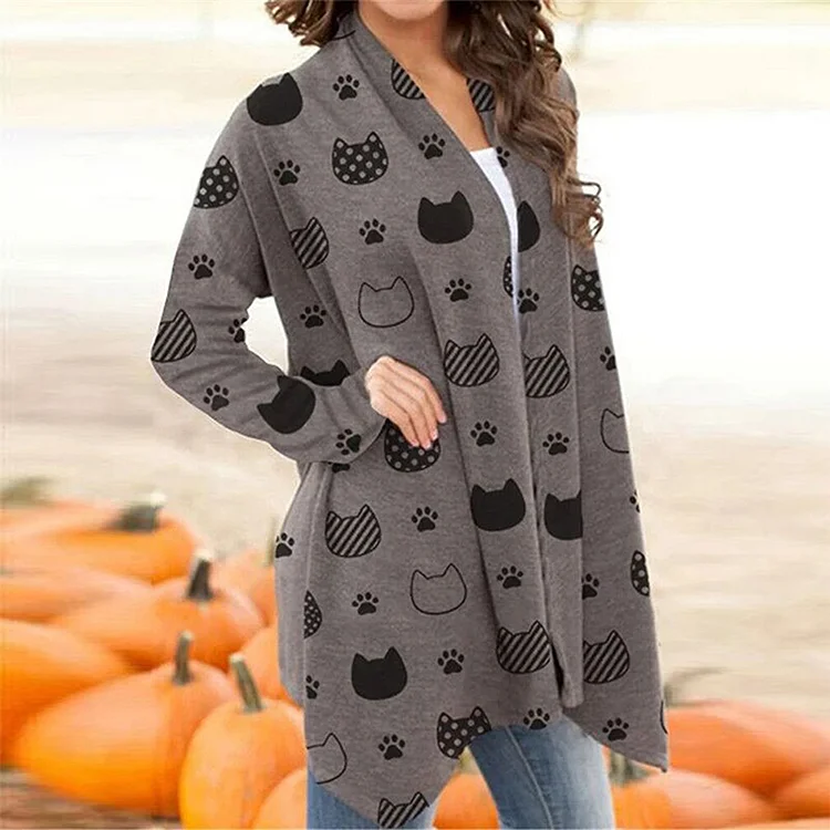 Halloween Cat Print Long Sleeve Cardigan