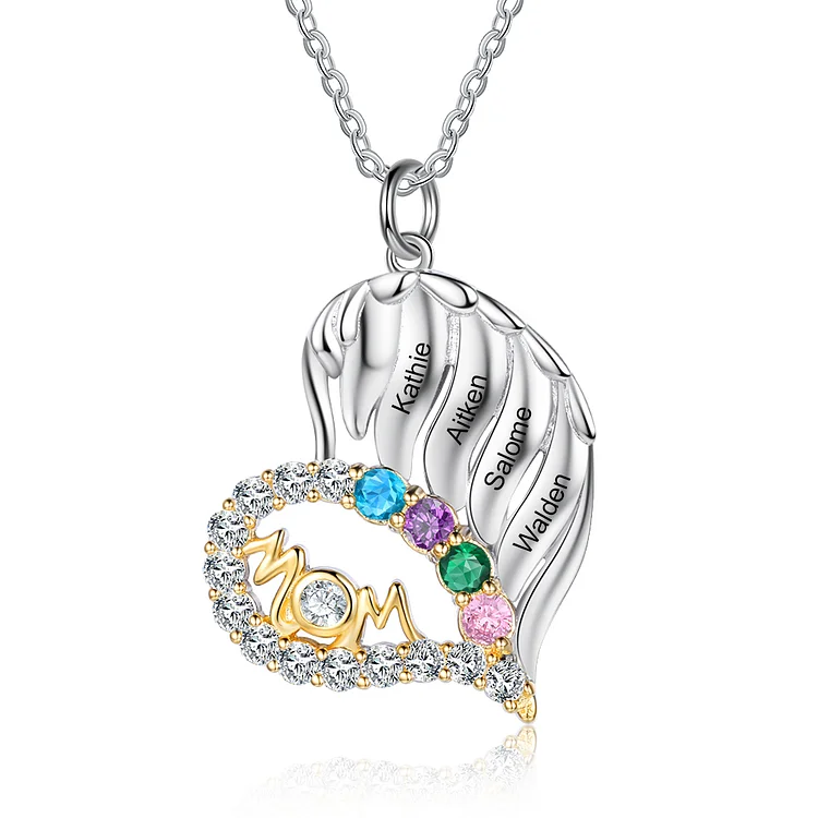 Personalized Heart Wing Necklace with 4 Birthstones Mother Necklace