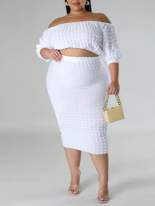 Solid Color Long Sleeves Off-The-Shoulder Shirts Top&High Waisted Skirts Bottom Two Pieces Set