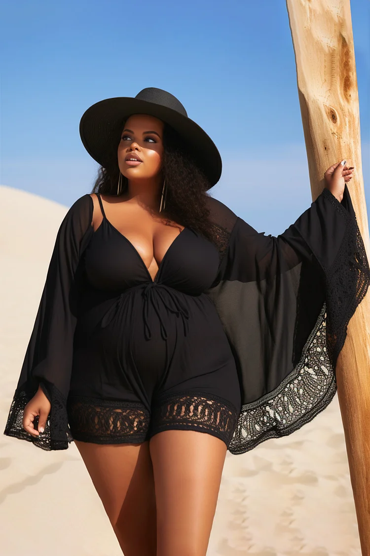 Xpluswear Design Plus Size Vacation Black Two Pieces Swimsuit Cover Ups Set 
